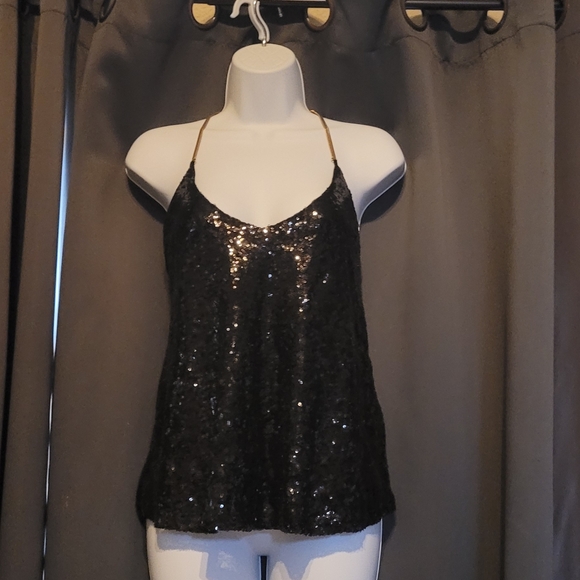 Black and Gold Chain Sequin Halter Top Sparkly Sequin Top - Picture 4 of 14